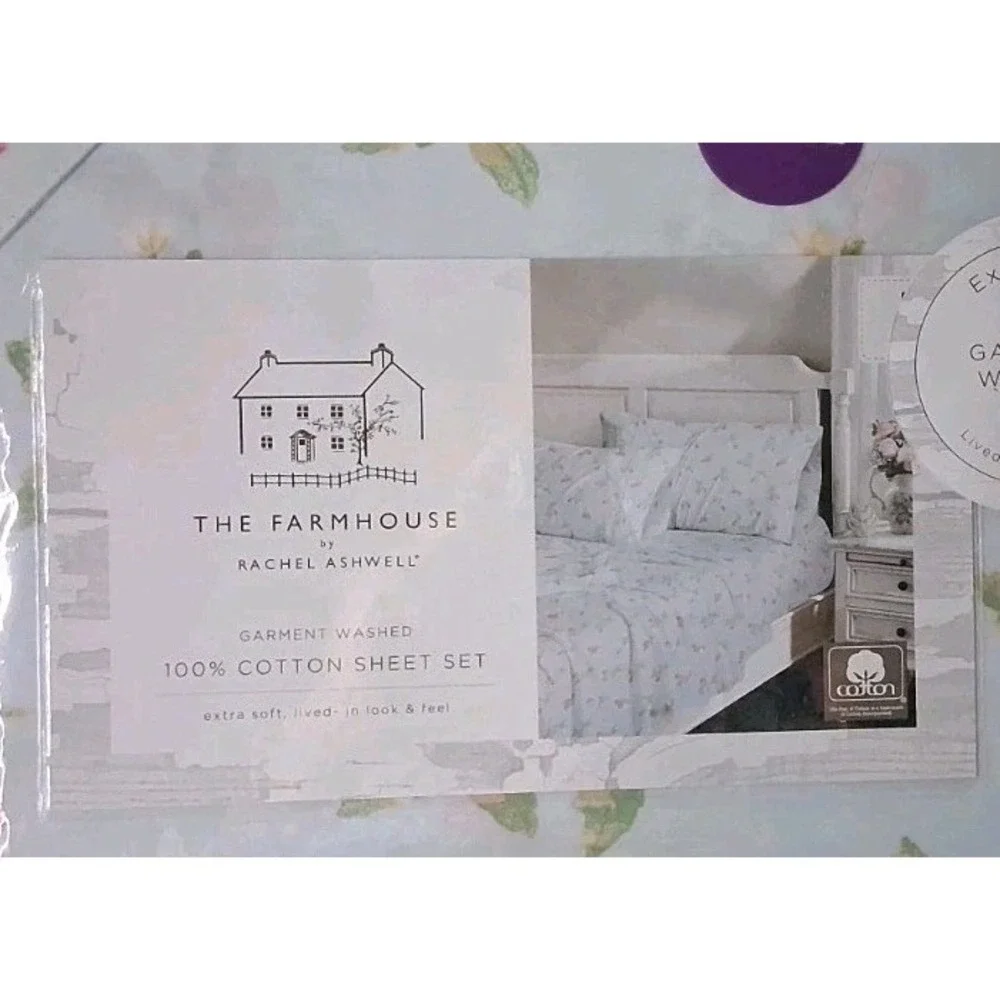 NIP Rachel Ashwell Farmhouse FULL 4 Pc Blue Sheet Set Pink Green Floral Cotton